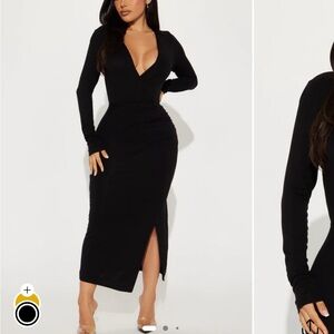 Fashion nova Black Ruched V‑Neck Midi Dress with Side Slit
